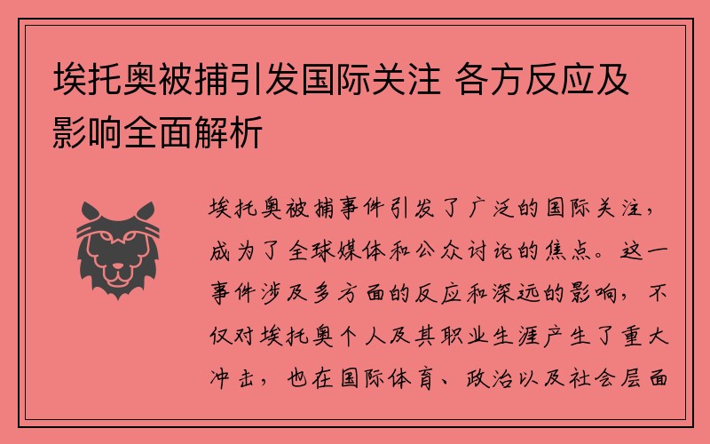 埃托奥被捕引发国际关注 各方反应及影响全面解析