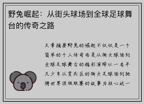 野兔崛起：从街头球场到全球足球舞台的传奇之路